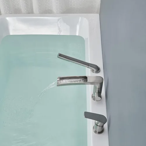 Miniatura 5 de Wowkk Grifo de bañera romana en cascada de níquel cepillado, grifos de baño con ducha de mano