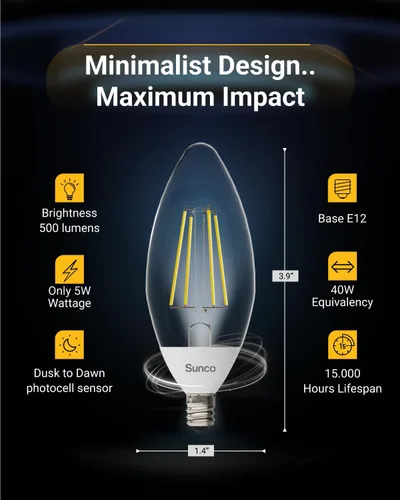 Miniatura 3 de Sunco - Paquete de 10 bombillas LED B11 para exteriores del atardecer al amanecer, bombillas Edison para iluminación de porche, 500 LM, 5 W