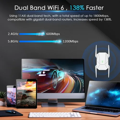 Miniatura 2 de Amplificador de señal WiFi 6 AX1800 2025 - Banda dual 2.4G/600Mbps y 5.8G/1200Mbps, extensor WiFi con puerto Gigabit, tecnología 802.11AX, repetidor