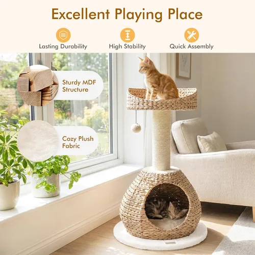 Miniatura 7 de PETSITE Árbol para gatos moderno de 28 pulgadas, poste rascador de sisal de sisal de torre para gatos, hecho a mano y percha superior, bola colgante