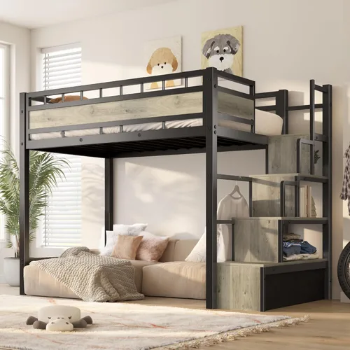Cama alta individual con escaleras, cama alta de metal resistente con almacenamiento y espacio debajo de la cama, más estable y segura para