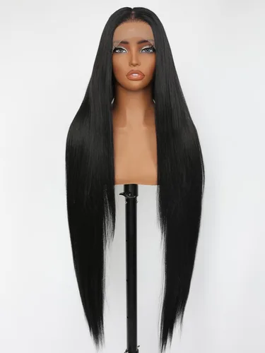 SOKU 40" Super Long Straight Lace Front Wigs,13x6 Transparent Swiss Synthetic Lace Wig Pre Plucked,Natural Black Glueless Lace Front Wigs with Baby