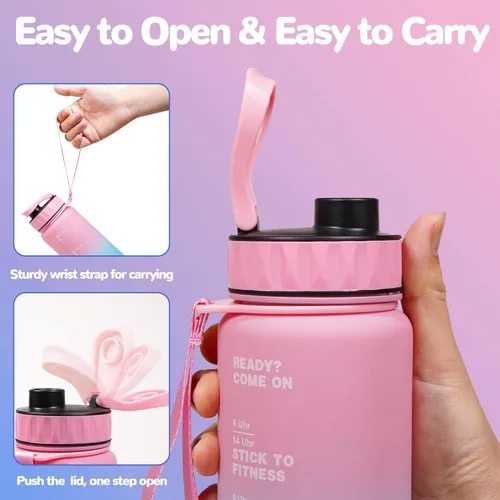 Miniatura 5 de Botella de agua grande con marcador de tiempo motivacional, jarra de agua con asa, botella deportiva transparente para gimnasio, campamento, 22oz
