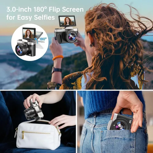 Miniatura 12 de Cámara digital 4K para fotografía con WiFi 64MP Cámara de vlogging de enfoque automático para video de YouTube de 3 pulgadas, pantalla abatible