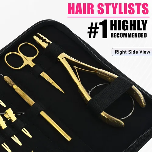 Miniatura 4 de El kit de herramientas de extensión de cabello incluye 2 alicates para prensar microeslabones con microcuentas, 12 clips de seccionamiento, Dorado