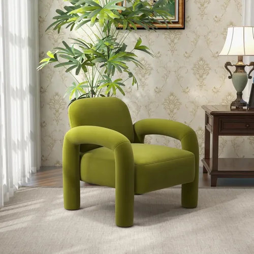 Miniatura 15 de Silla de acento moderna, sillón tapizado de terciopelo cómodo, silla de tocador acogedora, sofá individual, silla de barril acolchada para leer