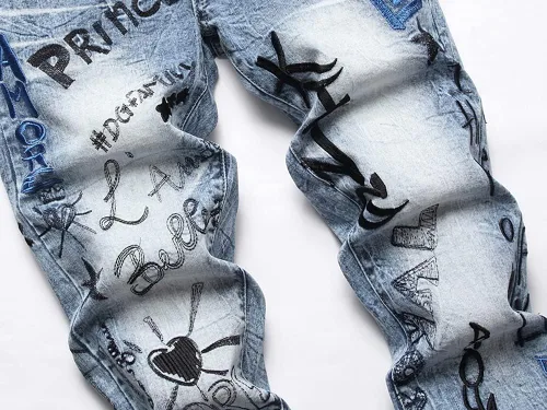 Miniatura 5 de Vaqueros de lujo con letra del rey príncipe bordados Straigt Slim Fit