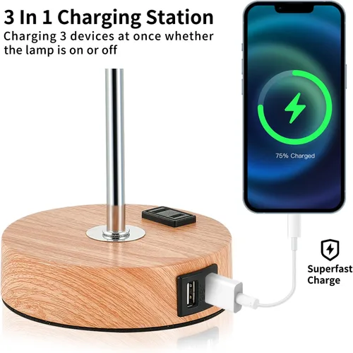 Miniatura 3 de Lámpara de mesa táctil de flores, lámparas de noche regulables de 3 vías con puerto USB y tomacorriente, bonita lámpara con base de grano de madera