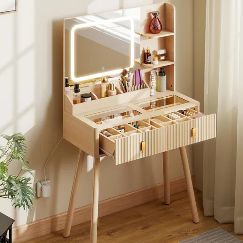 Miniatura 8 de GOODONE Tocador acanalado con luces de bombilla de espejo, escritorio de maquillaje con 2 cajones y estantes de almacenamiento, escritorio de Roble