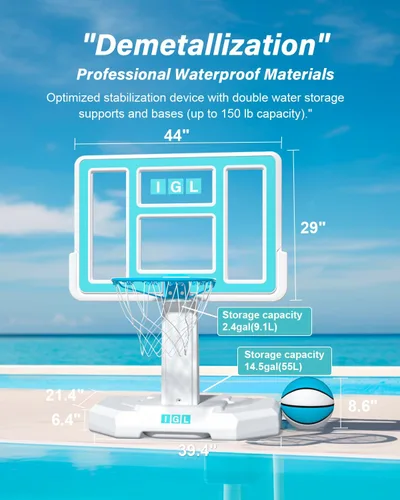 Miniatura 4 de IGL Aro de baloncesto para piscina al aire libre, aro de baloncesto junto a la piscina al aire libre, base y soporte, almacenamiento de agua doble