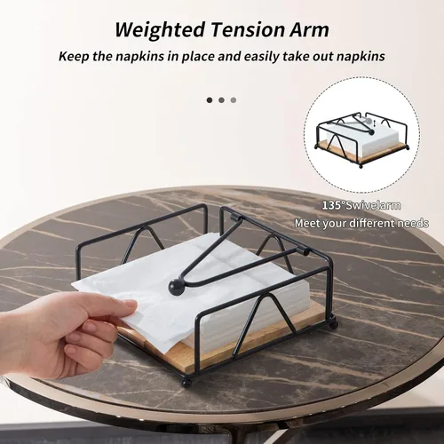 Miniatura 2 de Servilletero cuadrado – Dispensador de servilletas de mesa duradero con brazo pesado, almacenamiento de servilletas de metal con base de madera