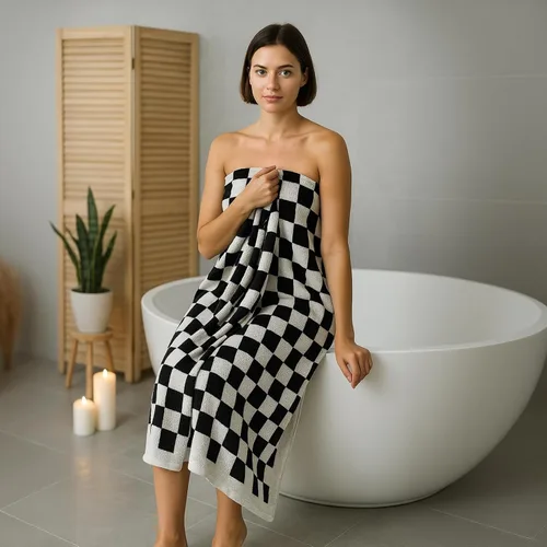 Miniatura 5 de REDKISS Juego de 2 toallas de baño a cuadros en blanco y negro, 2 toallas de ducha grandes para decoración de baño, toallas de baño de algodón