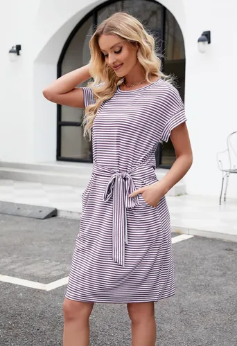 Miniatura 5 de MEROKEETY - Vestido de verano con manga corta, a rayas, casual, estilo camiseta, con lazo en la cintura y bolsillos, para mujer