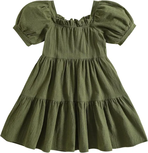 Emmababy Vestido de lino de algodón para niña pequeña, manga corta abombada, cuello cuadrado, color sólido, dobladillo con volantes, vestido corto