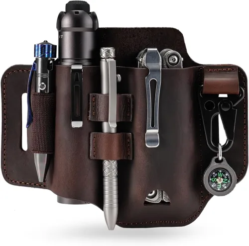 Miniatura 8 de Funda multiherramienta de cuero, organizador de cinturón EDC para herramientas Leatherman, linterna, bolígrafo y clip para llavero, duradero