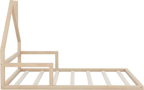 Miniatura 4 de MERITLINE - Cama de suelo de tamaño matrimonial para niños, marco de cama Montessori de madera con cabecera y rieles en forma de casa, plataforma