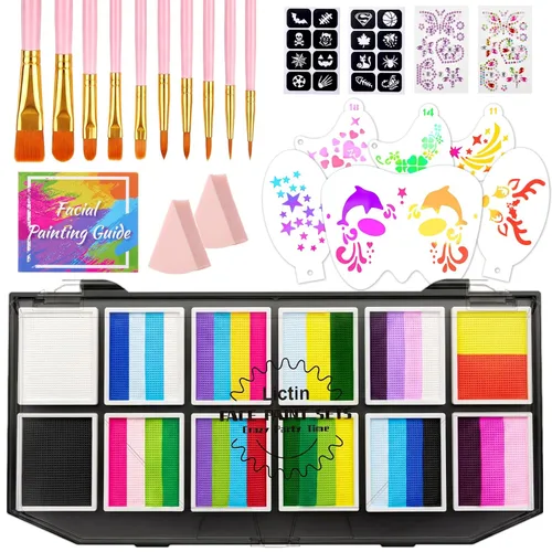 Miniatura 9 de Lictin Pintura Facial a Base de Agua - Kit de Pintura Facial de 18 Colores con Plantillas y Brochas, Kit de Maquillaje de Halloween para Adultos