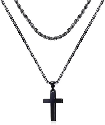 Ursteel Collar de cruz para hombre, acero inoxidable, plateado, negro, oro, cadena de cuerda en capas, collar con colgante de cruz, joyería simple,