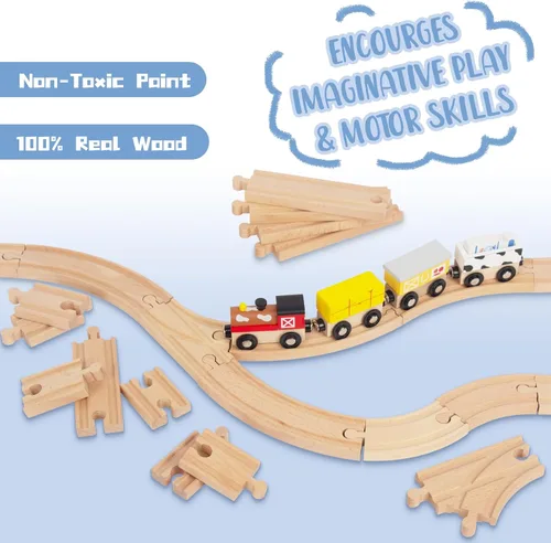 Miniatura 3 de Juego de 24 pistas de tren de madera, expansión de vías y 9 piezas distintas, 100% compatible con todas las principales marcas, incluido el sistema