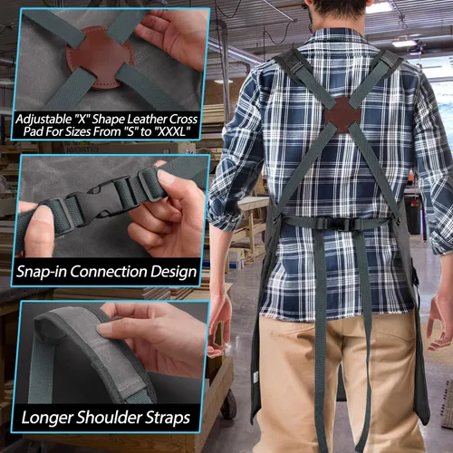 Miniatura 5 de Delantal de carpintería para hombres, delantal de taller de lona de 20 oz con 9 bolsillos para herramientas, delantal de peto de trabajo de madera