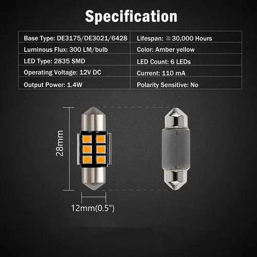 Miniatura 2 de 4 bombillas LED Festoon DE3175 de 1.102 in y 1.142 in, 2835 chipsets Canbus sin errores, 1.1 pulgadas, DE3021 3175 3022 N3, bombillas LED