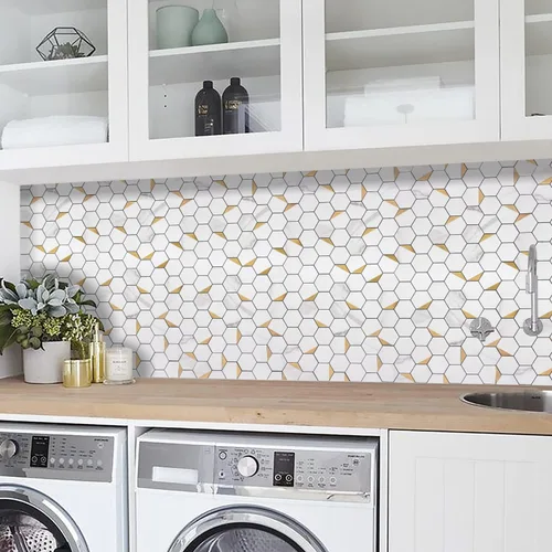 Miniatura 6 de STICKGOO Salpicaduras para pegar y pelar para la cocina, azulejos autoadhesivos hexagonales de mosaico (10 hojas, mármol blanco con metal dorado)