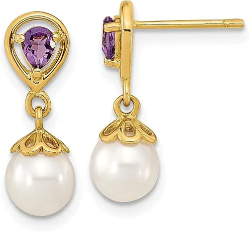 Aretes colgantes de oro amarillo de 14 quilates de 0.276in, color blanco, perla cultivada en agua dulce, color morado, amatista, piedra natal,