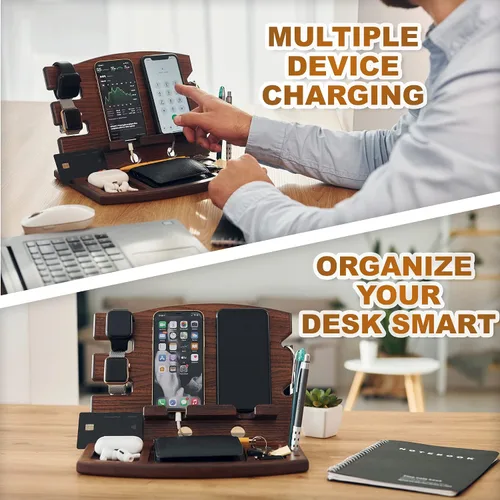 Miniatura 2 de TESLYAR Estación de acoplamiento de madera para teléfono con ceniza natural soporte para llaves de teléfono organizador de relojes para hombres