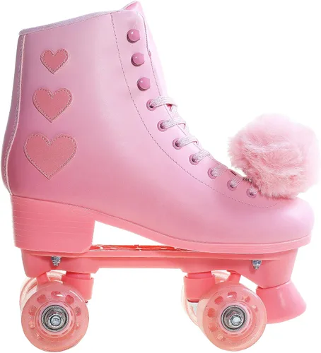 Patines de ruedas para mujer, patines de piel sintética de alta calidad, cuatro ruedas rosadas brillantes de doble fila, patines cuádruples para