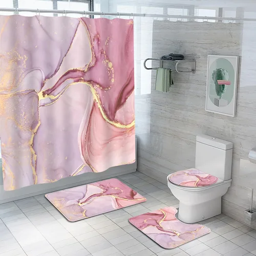 Juego de 4 cortinas de ducha de mármol de lujo, juegos de baño con cortina de ducha, alfombra de tapa de inodoro, tapete de contorno y tapete de