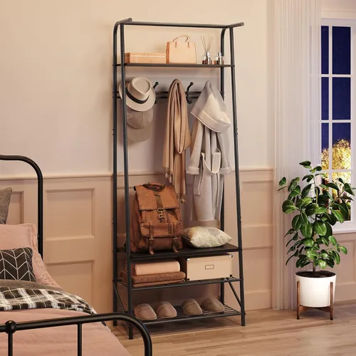 IDEALHOUSE Perchero para zapatos con 5 ganchos, banco de entrada con almacenamiento, muebles decorativos de aspecto de madera con marco de metal