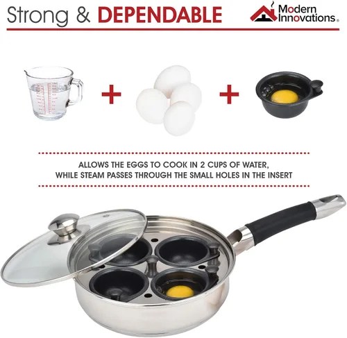 Miniatura 3 de Innovaciones modernas de acero inoxidable 4 Pan de cazador furtivo de huevo conjunto con hueveras, bandeja, recipiente, tapa y espátula
