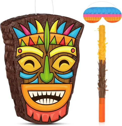 Miniatura 9 de Threan Piñata de cerdo pequeño, Aloha Luau, decoraciones de fiesta, piñata de cerdo rosa con palo para los ojos vendados, suministros de fiesta