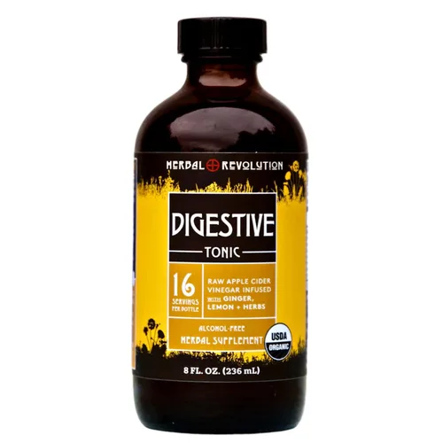 Herbal Revolution Tónico digestivo: vinagre de sidra de manzana orgánico certificado sin OMG infundido con miel, raíz de bardana, diente de león,