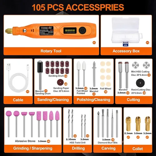 Miniatura 7 de GOXAWEE Mini kit de herramientas rotativas inalámbricas con 105 accesorios, carga USB, 5 velocidades, 18000 rpm, herramienta de manualidades