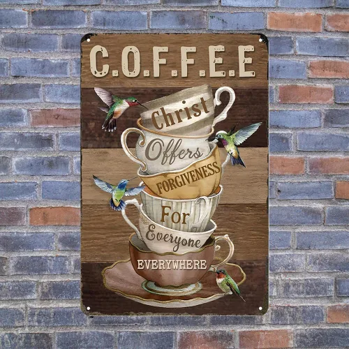Miniatura 5 de Letrero de café para amantes del café, regalos de Cristo ofrece perdón para todos en todas partes, letrero de metal vintage para amigos, familia