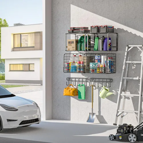 Miniatura 5 de TomCare Paquete de 2 estantes de almacenamiento de garaje montados en la pared con cestas de alambre, estantes de pared de alambre resistentes