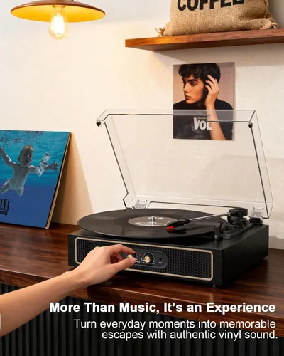 Miniatura 12 de Tocadiscos retro Bluetooth con altavoces integrados, tocadiscos de 3 velocidades por correa, control de graves y agudos, reproductor de vinilo Negro