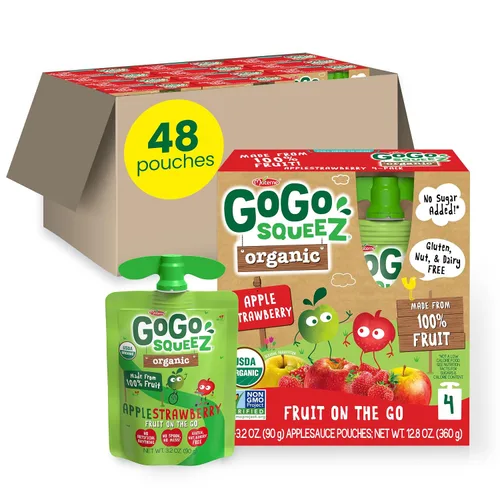 Miniatura 10 de GoGo squeeZ Puré de manzana orgánico y puré de fruta sin azúcar añadido, manzana manzana, bolsas de 3.2 onzas (paquete de 48), aperitivos de frutas