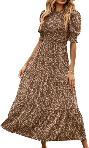 Miniatura 117 de BTFBM Vestidos para mujer, cuello redondo, casual, de verano, con volantes, manga corta, bohemio, con niveles, fruncido, largo, con estampado floral