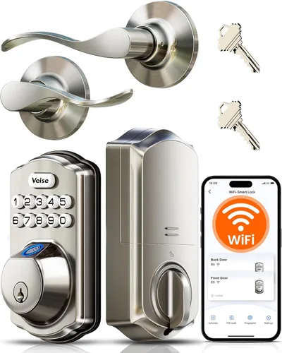 Veise VE012W-B Cerradura inteligente de huellas dactilares Wi-Fi con juego de manija, control remoto de aplicación, palanca de puerta delantera de