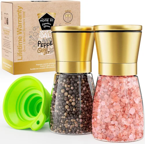 Miniatura 9 de Home EC Juego de 2 molinillos de sal marina y pimienta de acero inoxidable originales, de cerámica ajustable, salero y pimentero de cristal, Vidrio