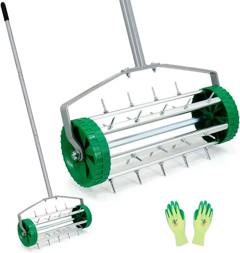 Colwelt Aireador de césped Spike, aireador de césped rodante resistente, aireación giratoria de césped de jardín con mango de acero de 49 pulgadas