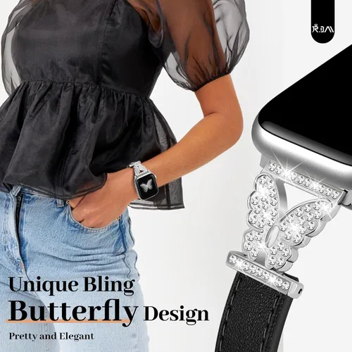 Miniatura 2 de JR.DM Correas de cuero para reloj para mujeres compatibles con Apple Watch 38mm 40mm 41mm 42mm (S10) con conector de mariposa brillante plateado