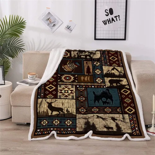 Miniatura 4 de Manta Azteca Otoñal Rústica del Suroeste Americano Nativo - Navajo, Mexicana, India, Diseño de Oso y Ciervo - Decoración de Granja para Sofá, Cama