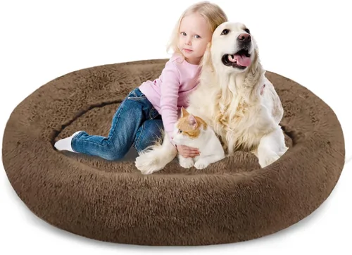 Miniatura 21 de SAVFOX Camas calmantes de felpa para perros, cama de perro de dona para perros pequeños, tamaño mediano, grande y extragrande, cómoda cama para Beige