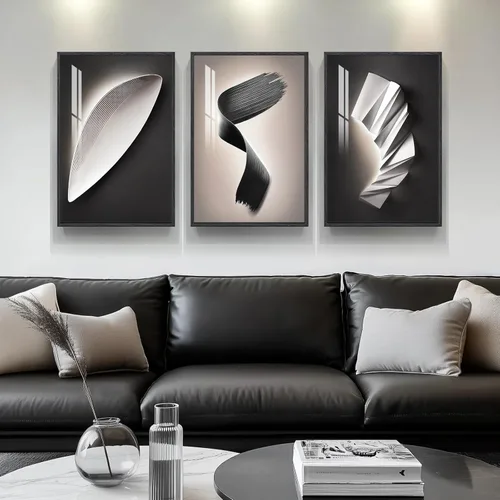 Miniatura 4 de Juego de arte moderno enmarcado de 3 piezas, arte abstracto de líneas geométricas en blanco y negro, pinturas artísticas de lujo contemporáneas
