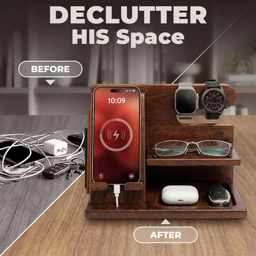 Miniatura 3 de TESLYAR Estación de acoplamiento de teléfono de madera para hombres - Organizador de escritorio o mesita de noche - Regalos de cumpleaños