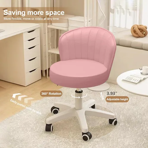 Miniatura 3 de Silla Pequeña Redonda de Escritorio con Ruedas Sin Brazos Cómoda Silla de Tocador para Computadora con Respaldo Bajo de Cuero PU Altura Ajustable
