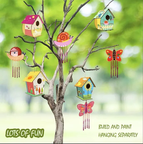 Miniatura 6 de Home Composer Paquete de 4 Kits DIY de Casa de Pájaros y Campana Eólica para Niños para Construir y Pintar, Artes y Manualidades de Madera